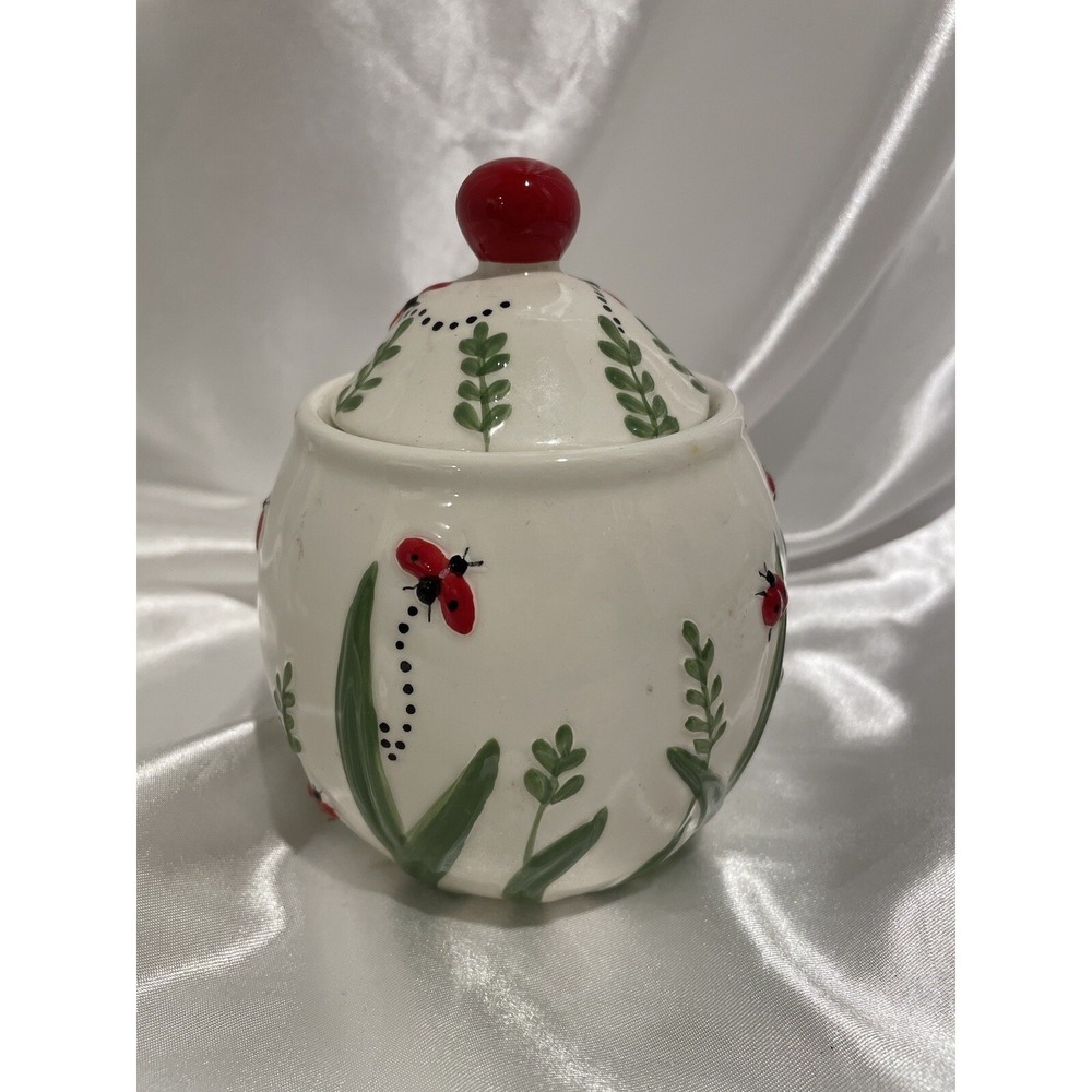 Ladybug Covered Sugar Bowl W/ Lid Hausenware Libby Wilkie, 5" Tall Vintage